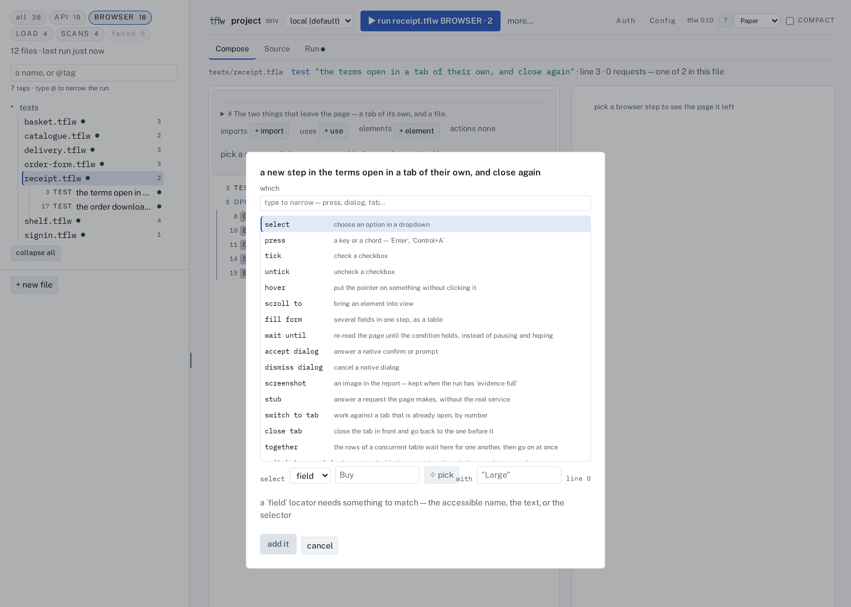 + step… in a BROWSER test: the rest of the browser vocabulary as a filterable list of 24