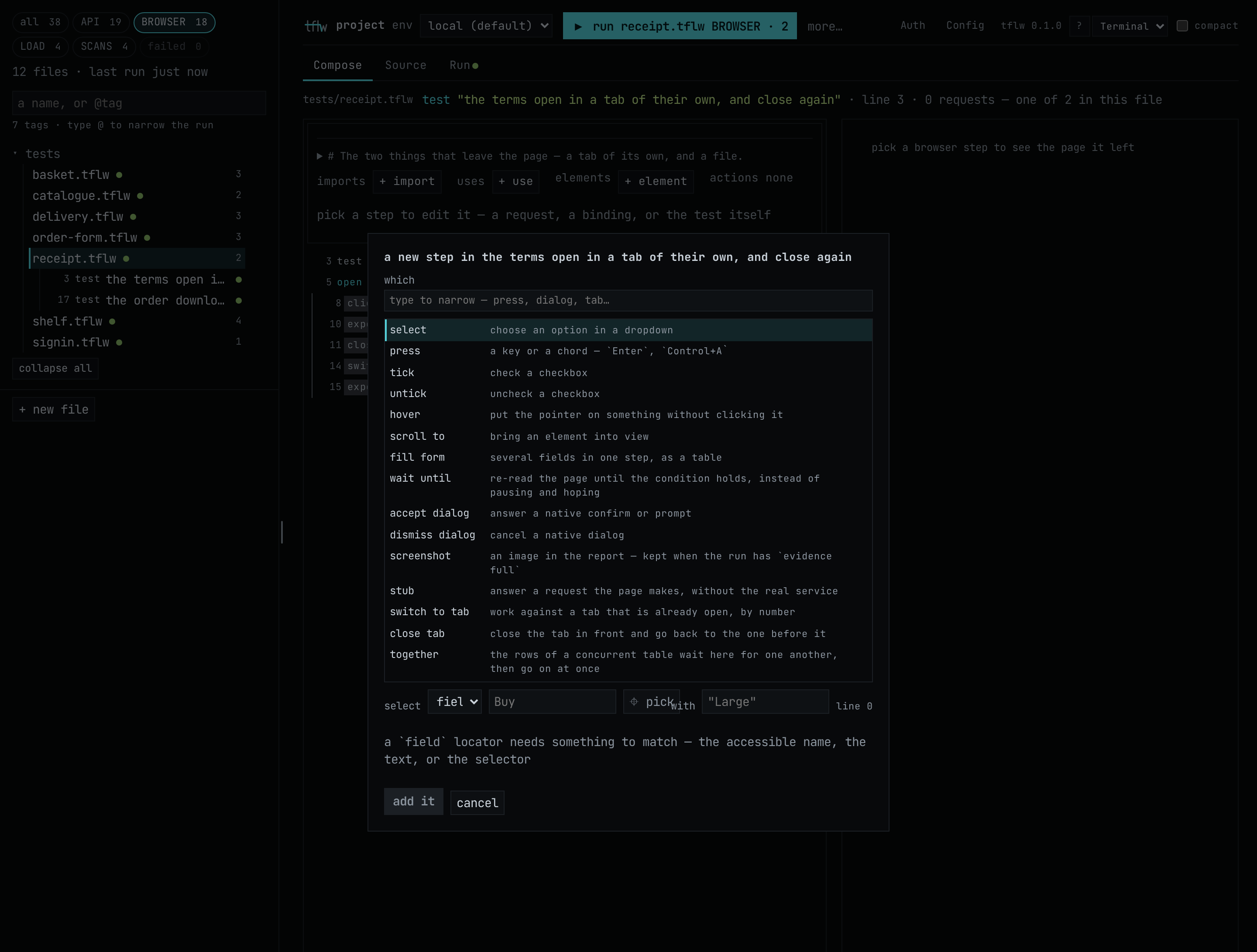 + step… in a BROWSER test: the rest of the browser vocabulary as a filterable list of 24