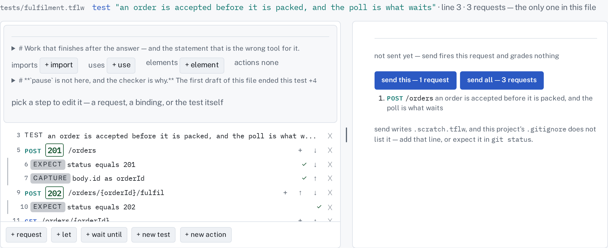 An API test in Compose: its steps on the left, and on the right the response the last run recorded