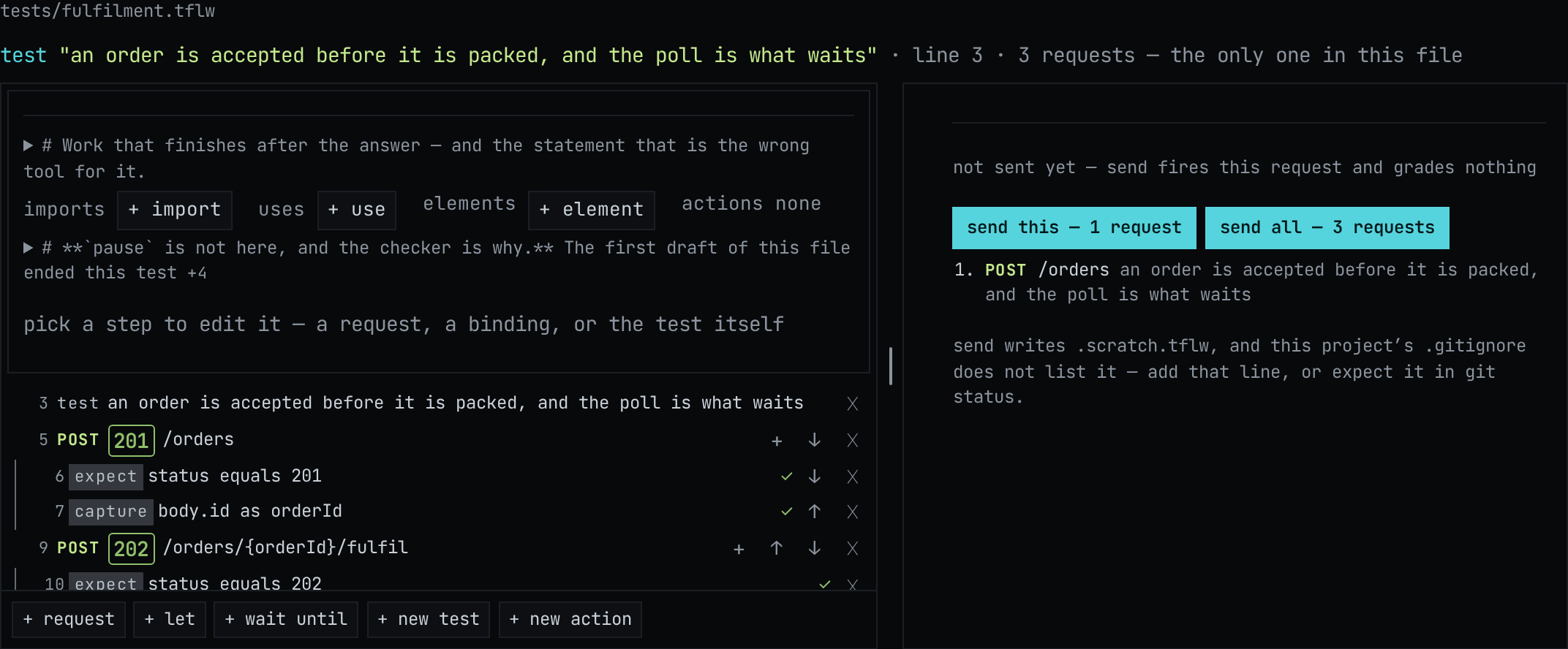 An API test in Compose: its steps on the left, and on the right the response the last run recorded