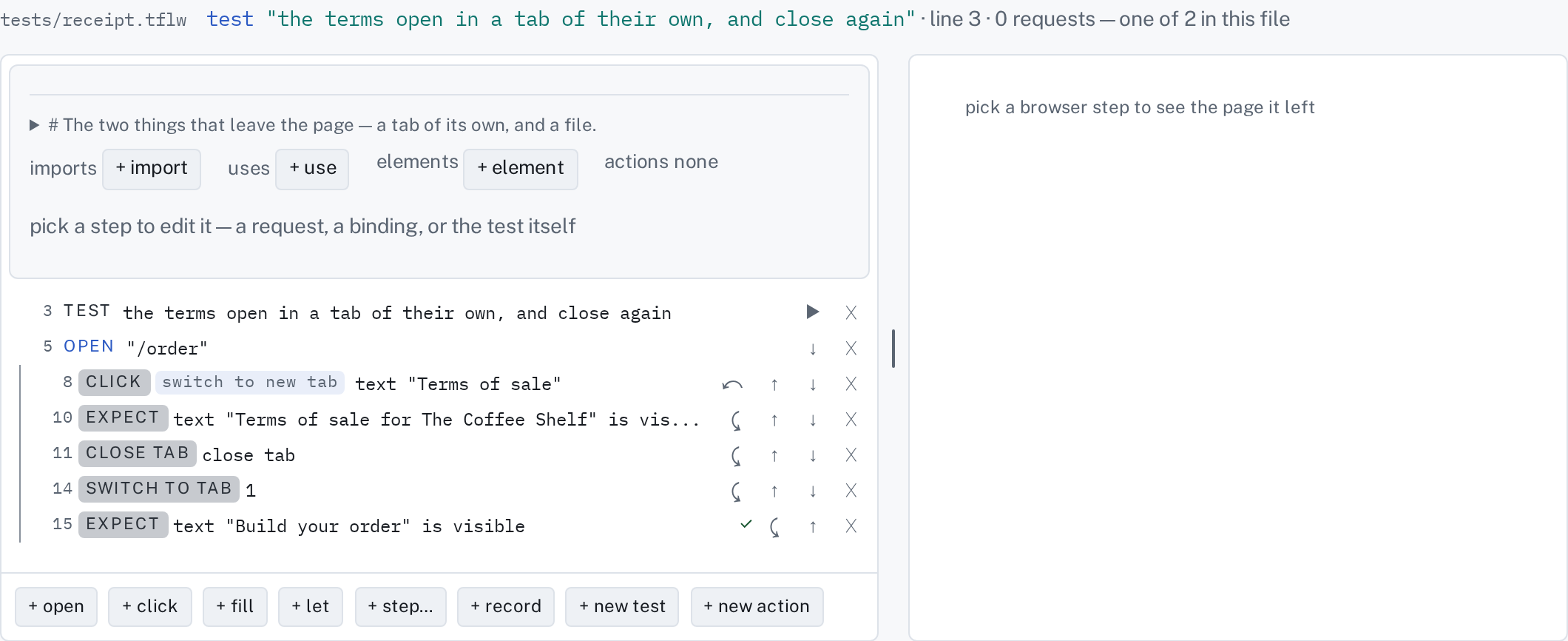 A BROWSER test in Compose: its gestures, and the page the last run saw