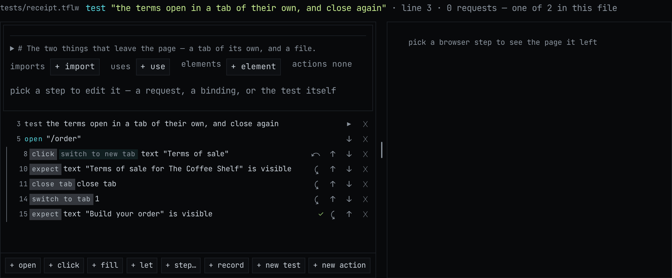 A BROWSER test in Compose: its gestures, and the page the last run saw