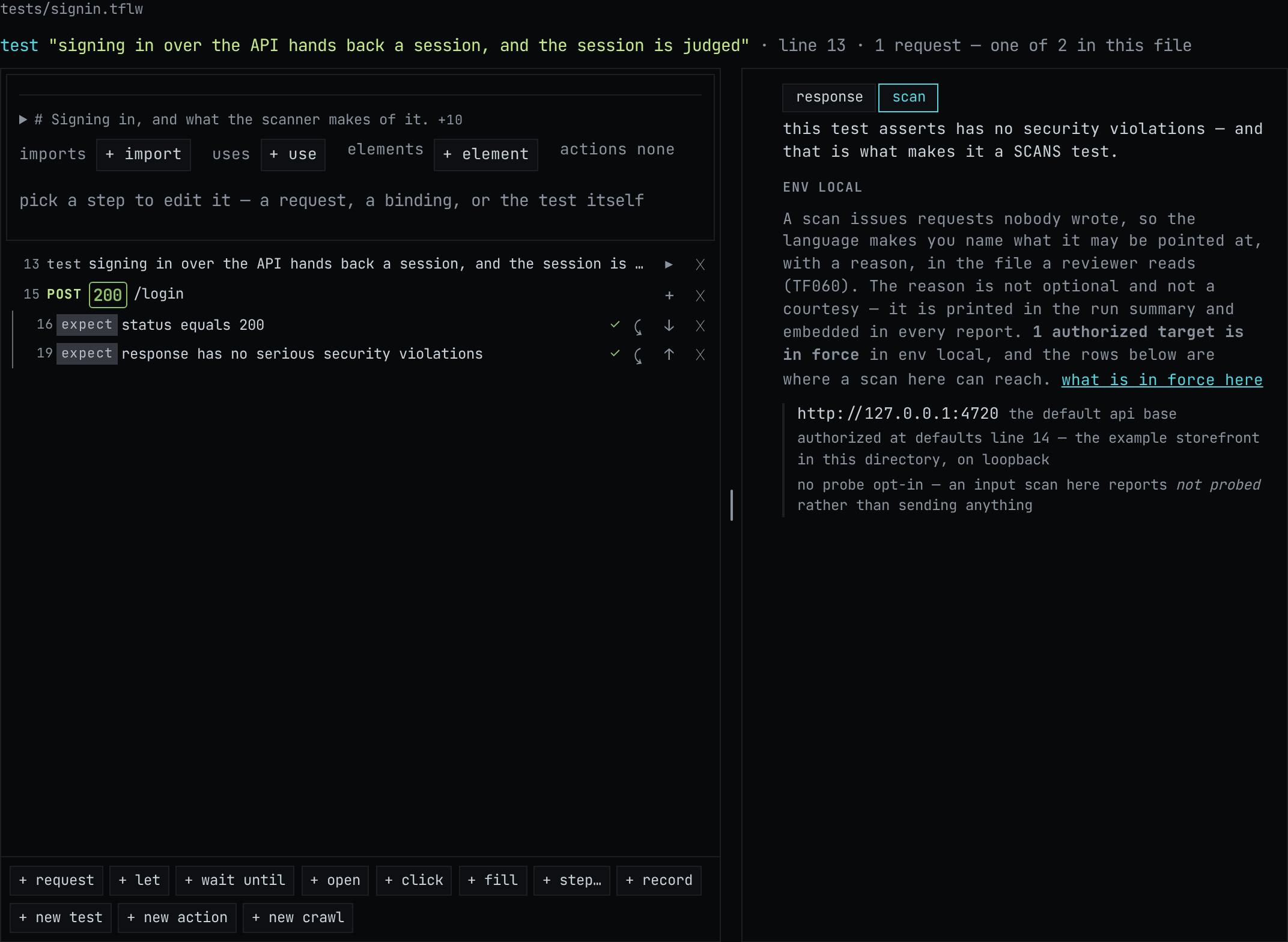 A scan test in Compose: its targets and the severity bar it is judged against