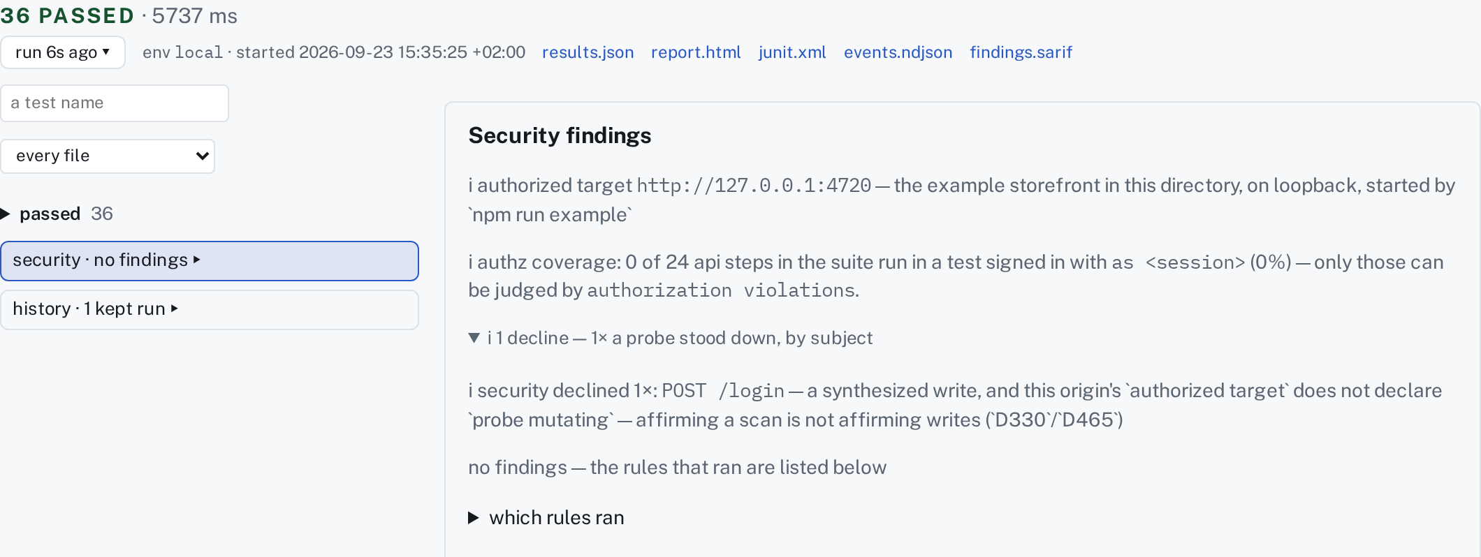 A run read as a tree by verdict, with its security row open