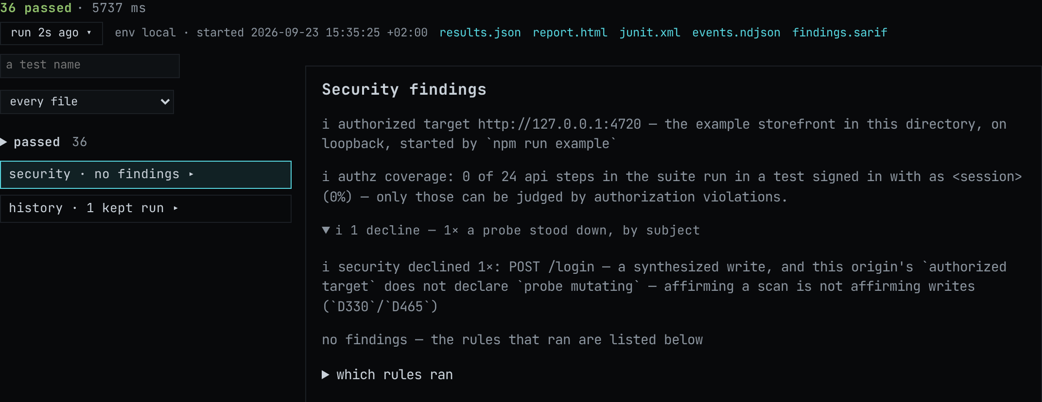 A run read as a tree by verdict, with its security row open
