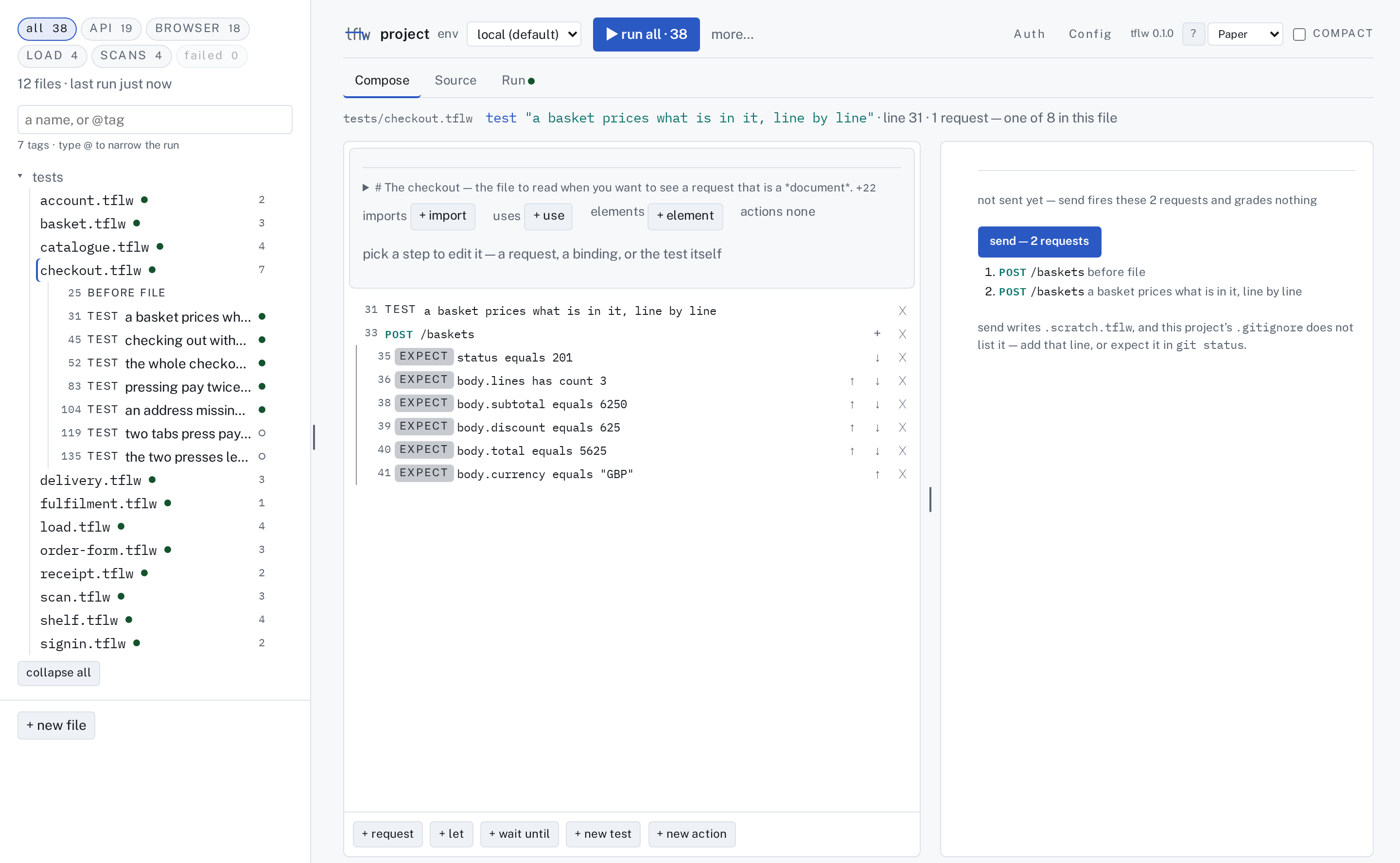 The page as it opens: the header, the kinds as chips over the file list, and a test in Compose