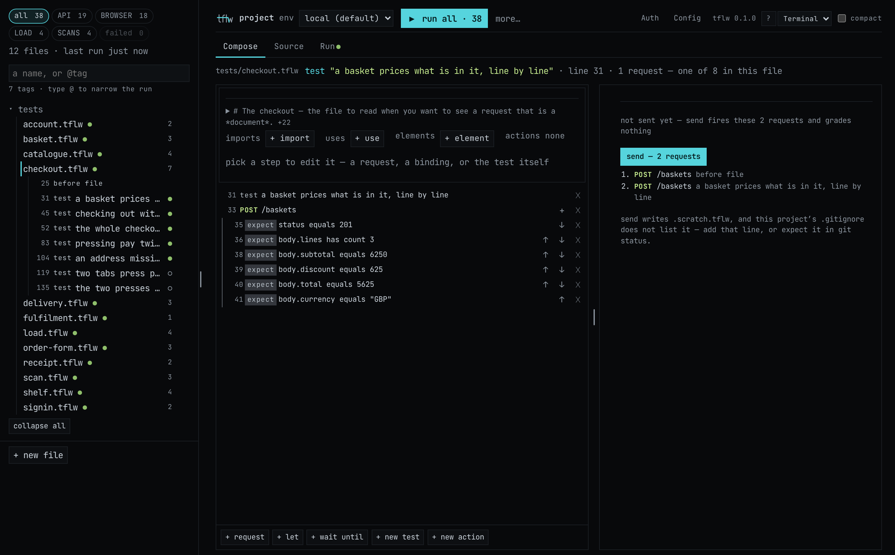 The page as it opens: the header, the kinds as chips over the file list, and a test in Compose