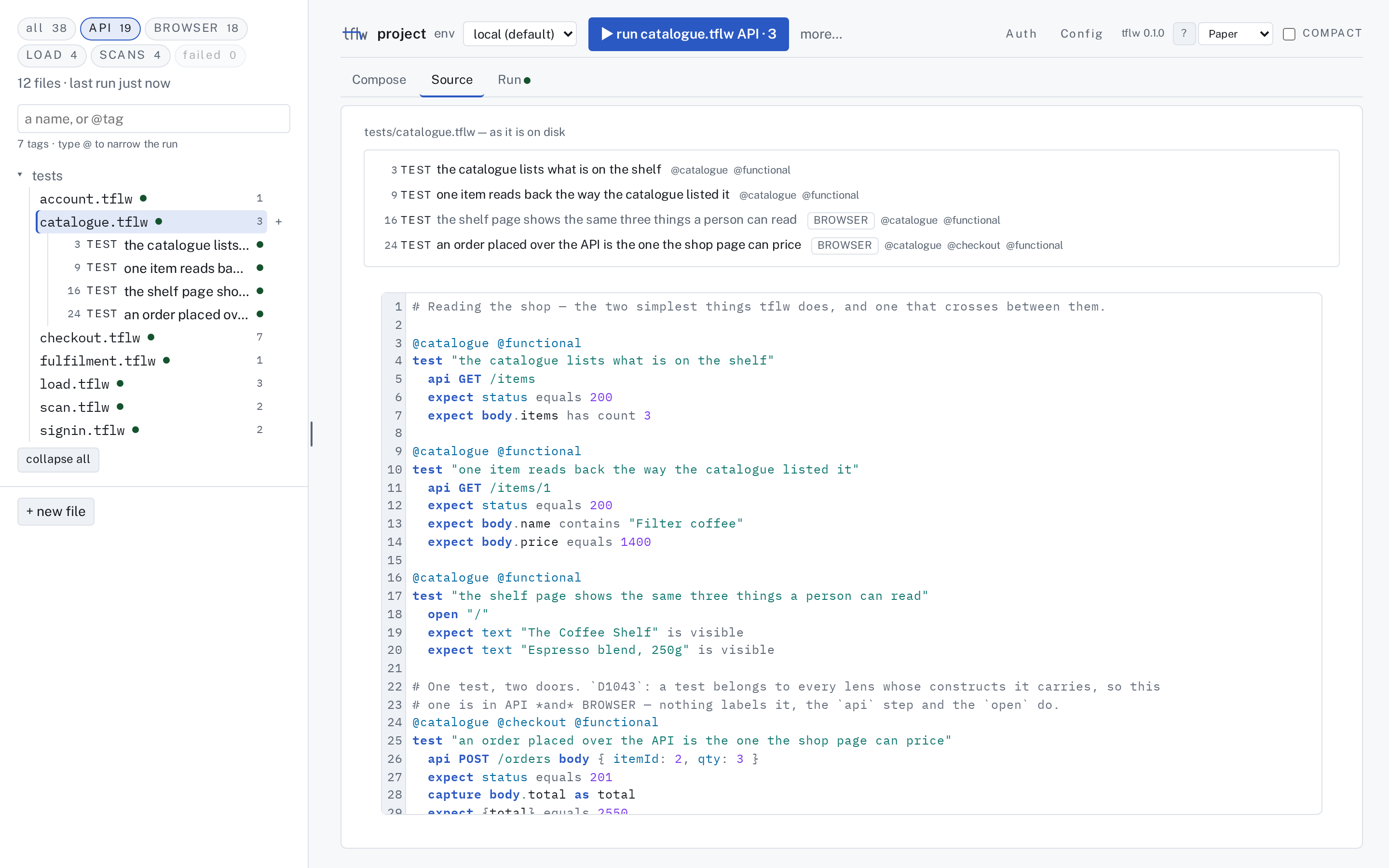 The shell: the header, the file list under the API chip, the tab strip, and a file open on Source