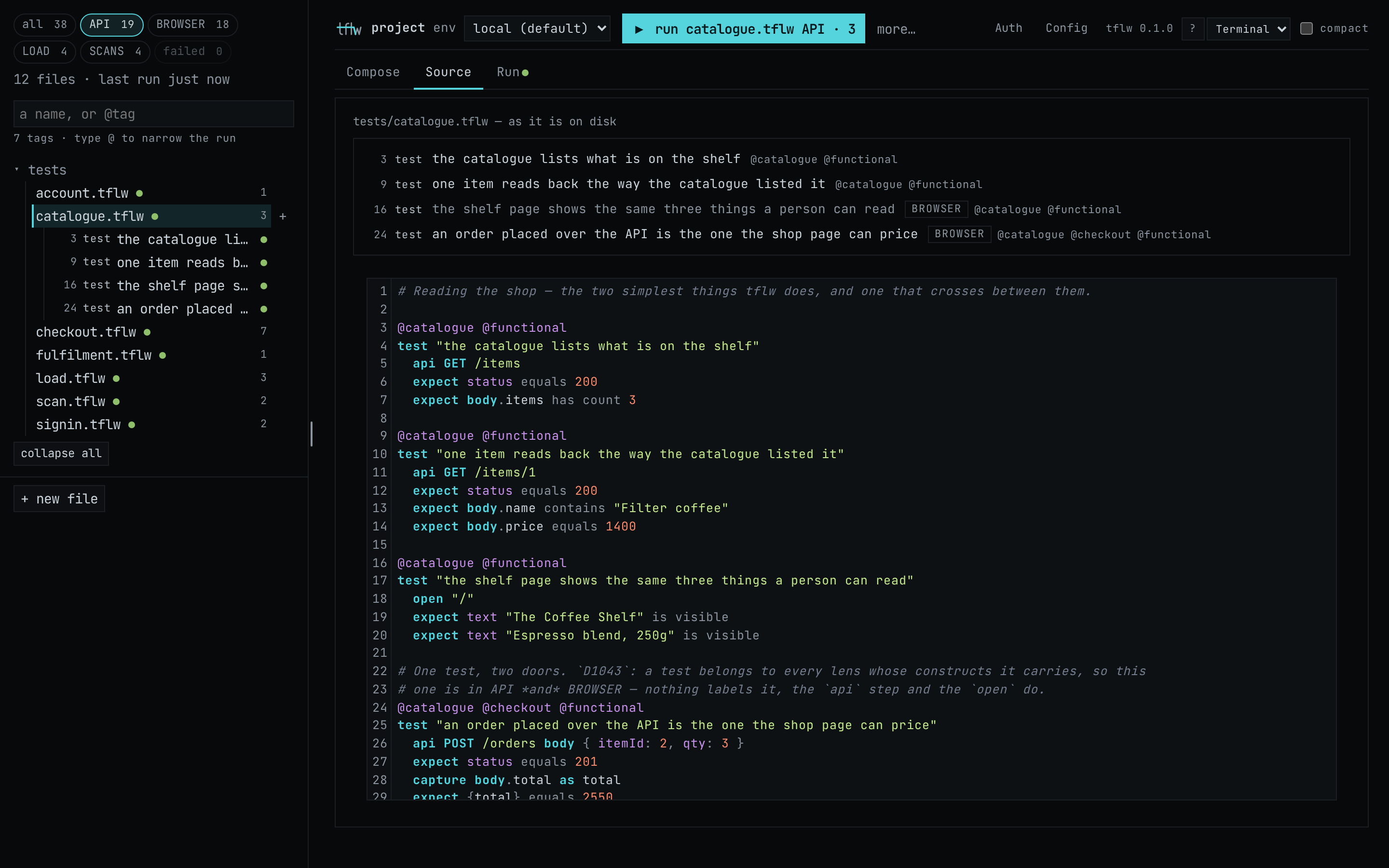 The shell: the header, the file list under the API chip, the tab strip, and a file open on Source