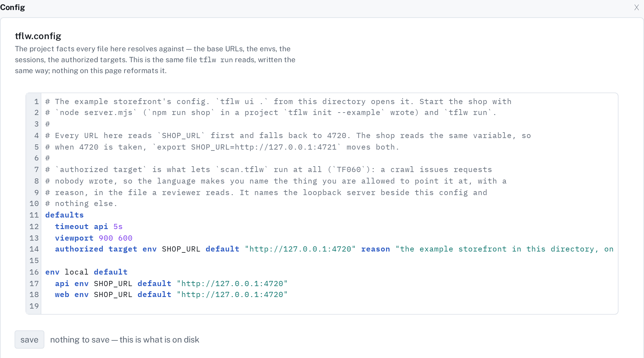 Config: tflw.config in the page's editor, with nothing to save