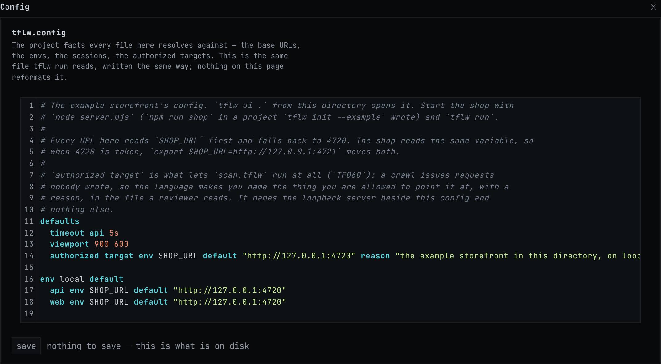 Config: tflw.config in the page's editor, with nothing to save