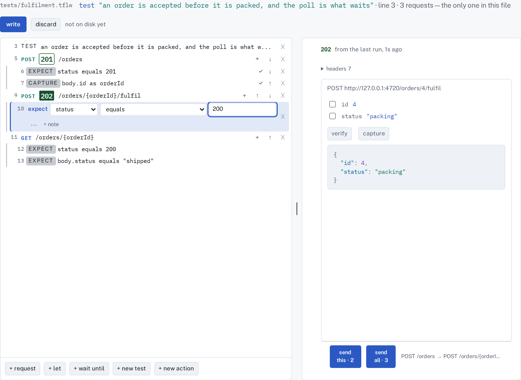 The assertion on line 10 open as an editor, its value changed to 200, with write and discard above