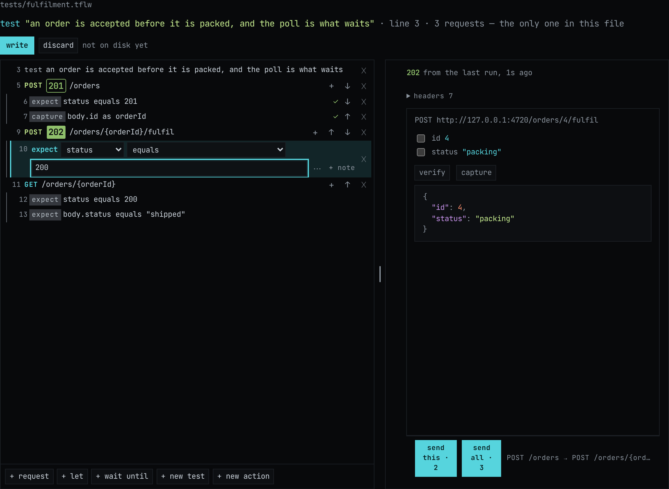 The assertion on line 10 open as an editor, its value changed to 200, with write and discard above